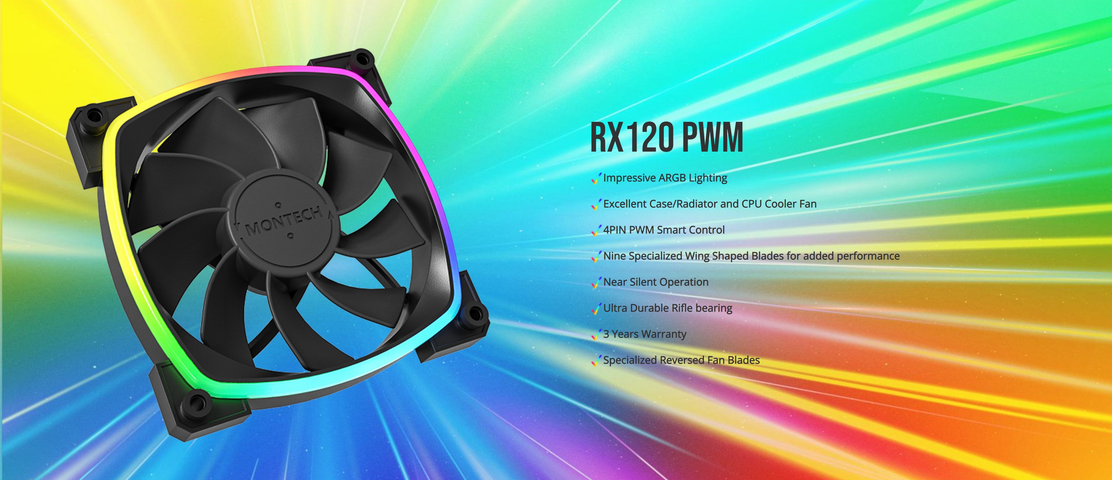 A large marketing image providing additional information about the product Montech RX120 - ARGB PWM 120mm Reverse Blade Fan (Black) - Additional alt info not provided